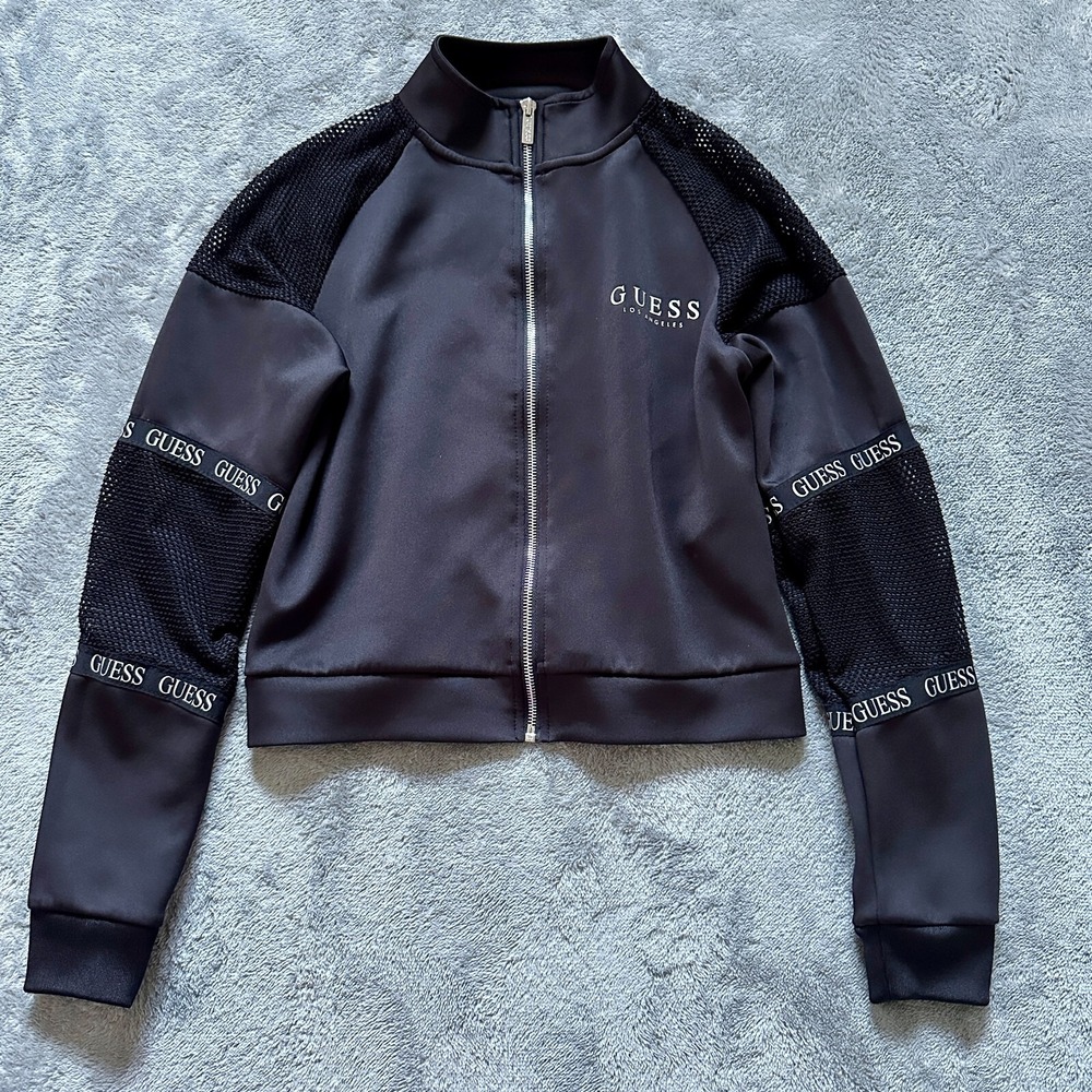 GUESS Black Cropped Bomber Jacket Mesh Performance Zip Up Y2K Athleisure M